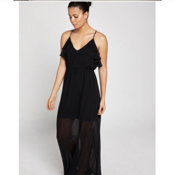 BCBG Generation Black Maxi Dress Ruffle Sheer Bottom V Neck Sleeveless Maxi NWT - Picture 6 of 12